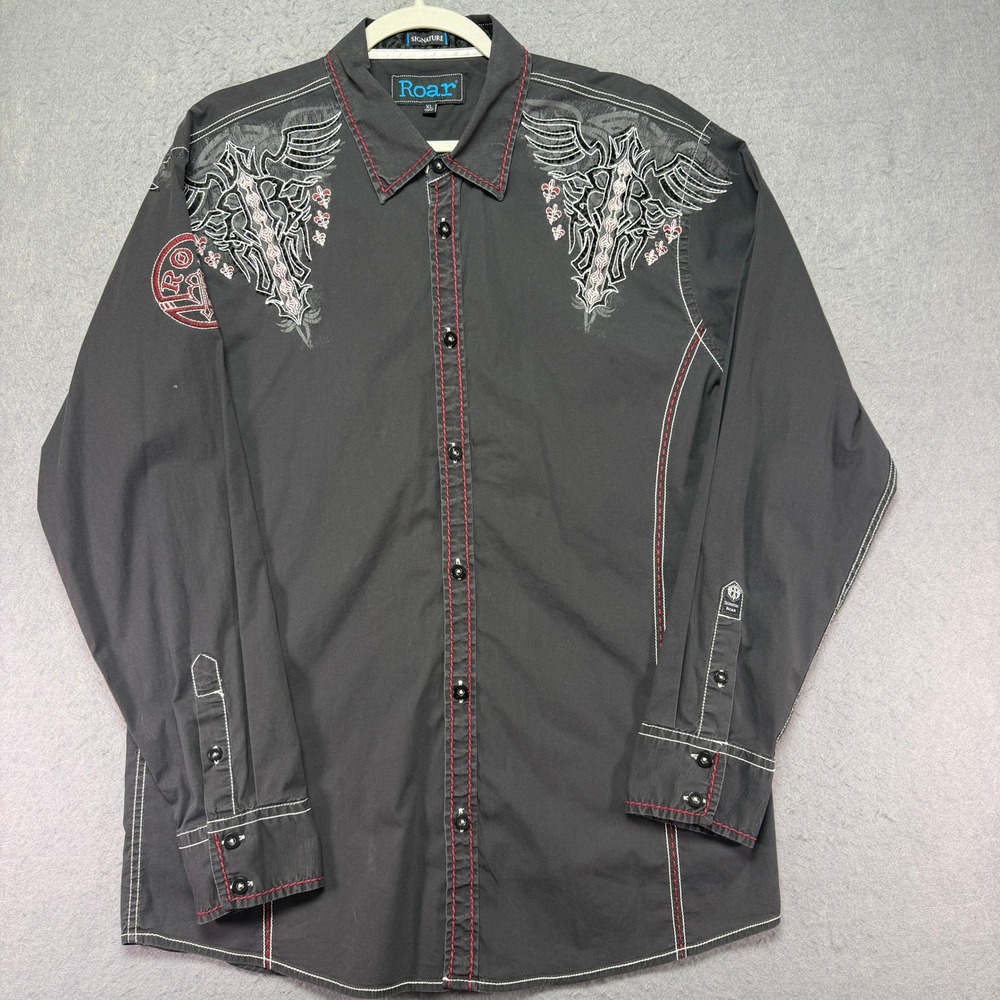 Roar Signature Mens XL Black Embroidered Wing Gothic Button Down Shirt LS